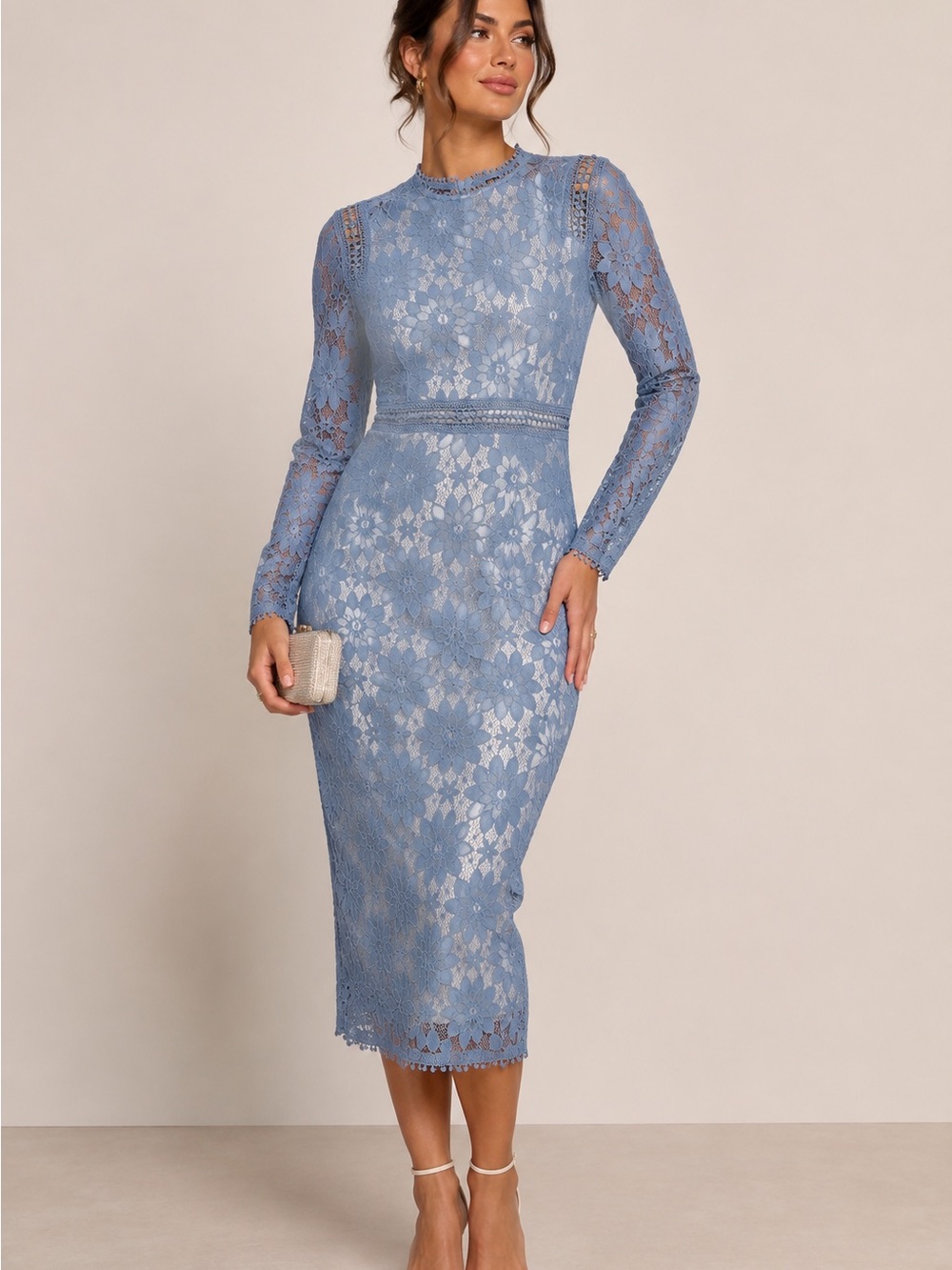 PrettyLittleThing Dusty Blue Lace Long Sleeve Midi Dress